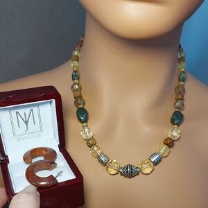 Vintage Bead Necklace Acrylic Wood Brown Green 18"